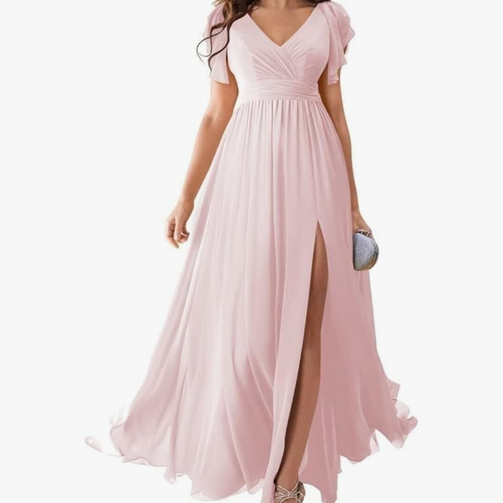 Chiffon Bridesmaid Dress for Women Ruffles Sleeves Prom